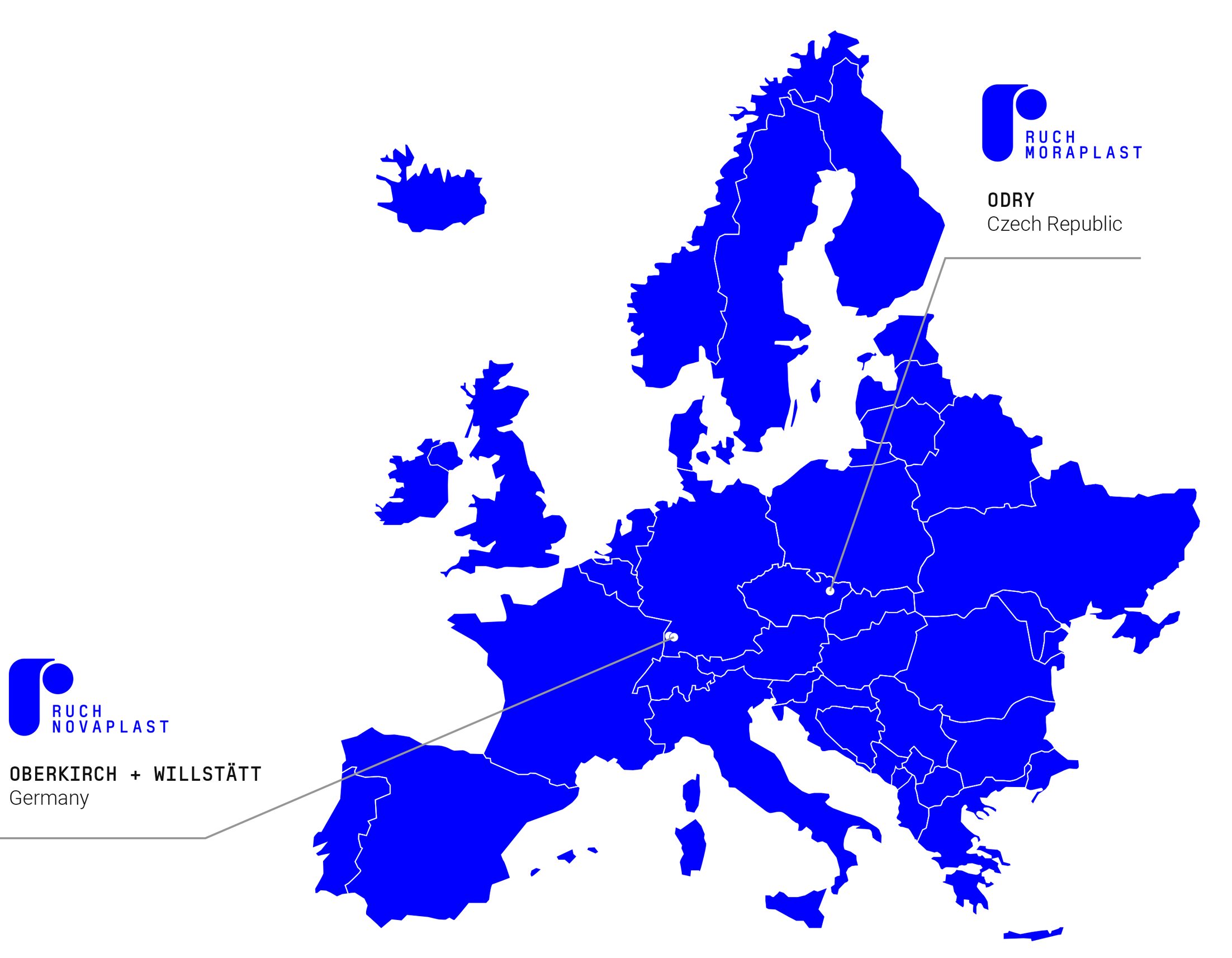 Carte de l'Europe montrant les sites de l'entreprise | RUCH NOVAPLAST GmbH à Oberkirch | MORAplast s.r.o. à Odry