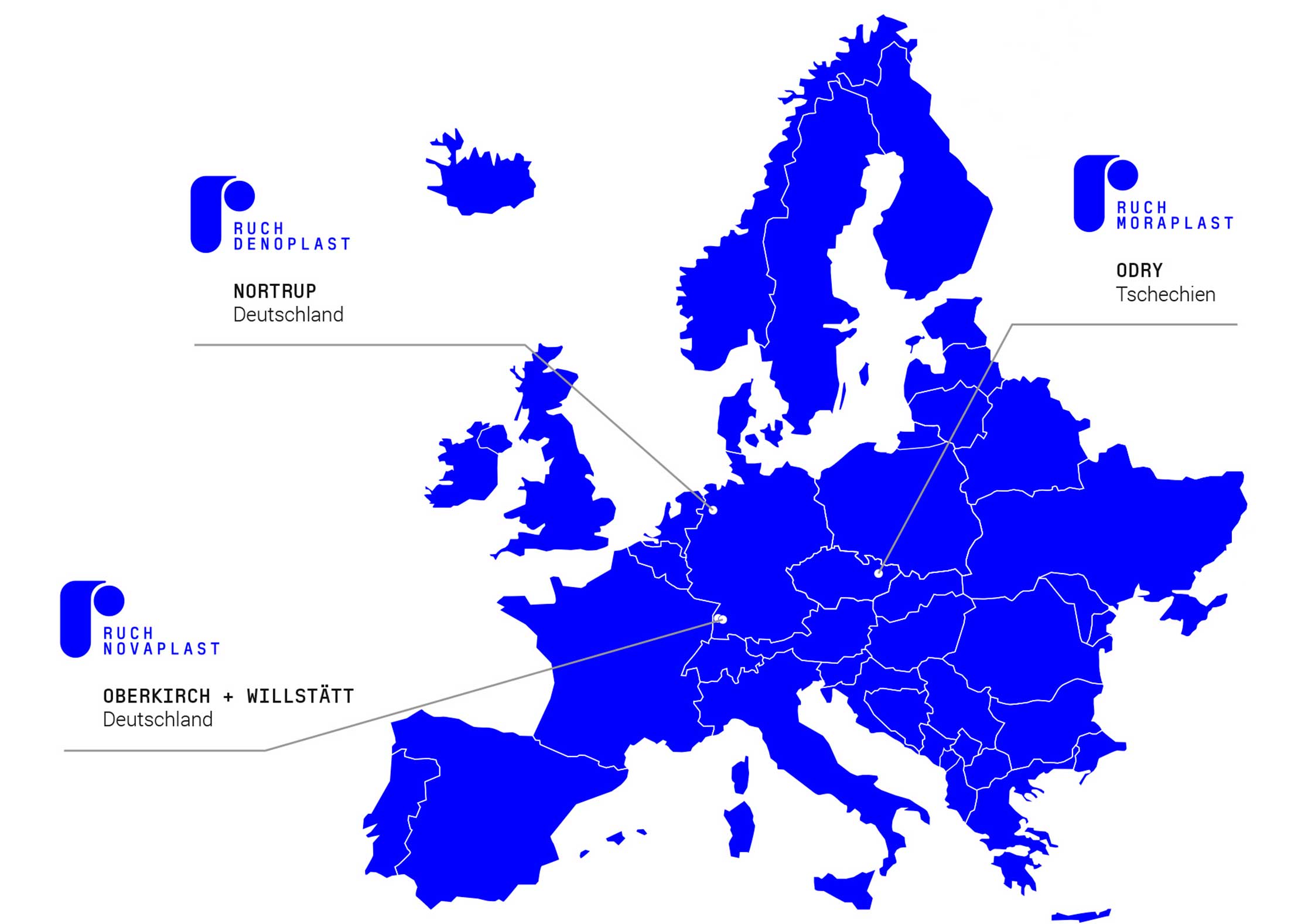 Europakarte mit den Standorten | RUCH NOVAPLAST GmbH in Oberkirch | MORAplast s.r.o. in Odry Europakarte mit den Standorten | RUCH NOVAPLAST GmbH in Oberkirch | MORAplast s.r.o. in Odry