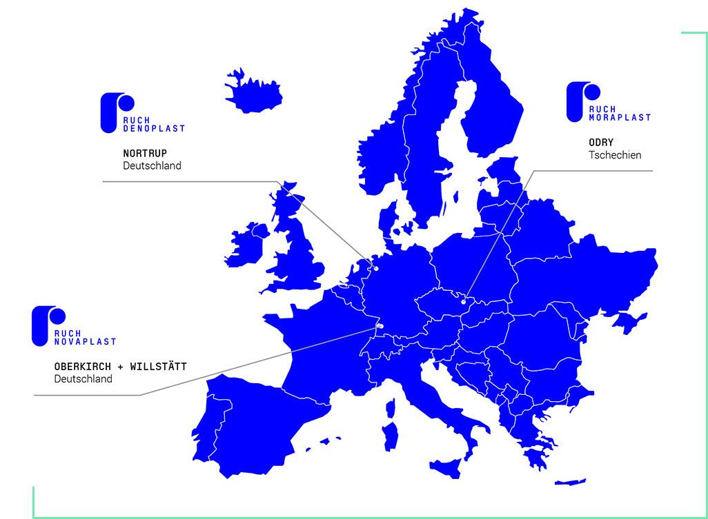 Europakarte mit den Standorten | RUCH NOVAPLAST GmbH in Oberkirch